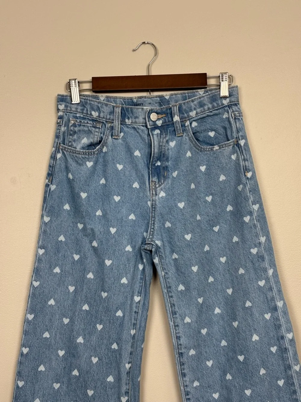 Old Navy Jean Girl 16 Blue Baggy Wide Leg Heart Print High Rise Adjustable Denim